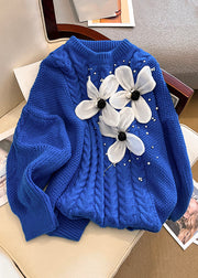 Floral Blue O Neck Nail Bead Knit Sweater Spring