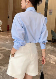 Floral Blue Peter Pan Collar Button Cotton Shirts Long Sleeve