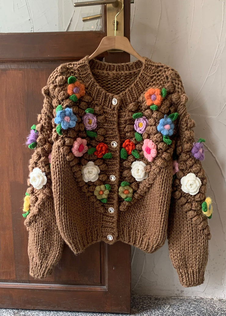 Floral Brown Button Cozy Patchwork Cotton Knit Coats Spring