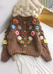 Floral Brown Button Cozy Patchwork Cotton Knit Coats Spring