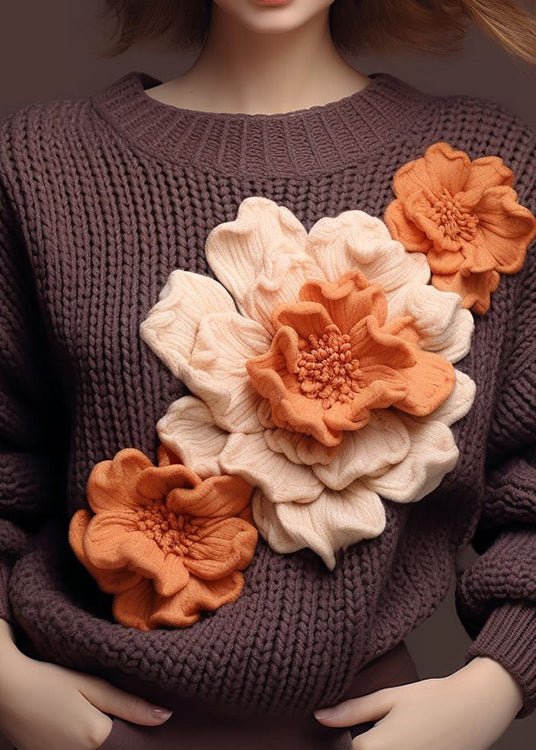 Floral Brown O Neck  Cotton Knit Sweaters Fall