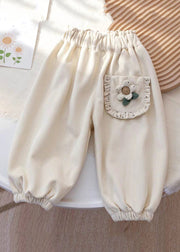 Floral Coffee Pockets Elastic Waist Corduroy Girls Beam Pants Spring