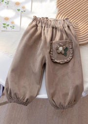 Floral Coffee Pockets Elastic Waist Corduroy Girls Beam Pants Spring