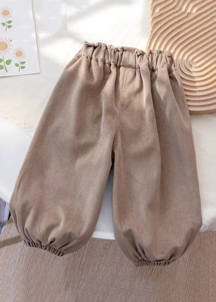 Floral Coffee Pockets Elastic Waist Corduroy Girls Beam Pants Spring