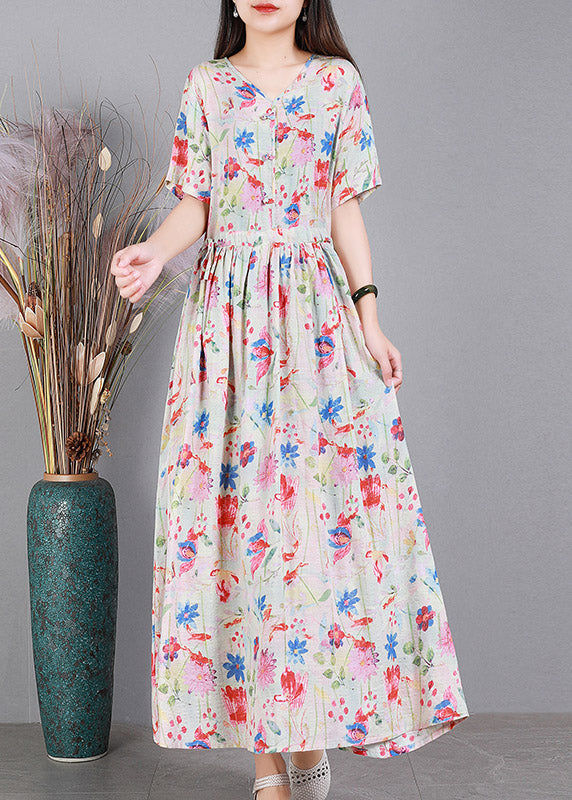 Floral Colour V Neck Print Wrinkled Linen Dress Short Sleeve