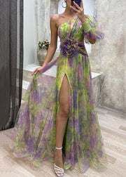 Floral Green Asymmetrical Side Open Tulle Dress Long Sleeve