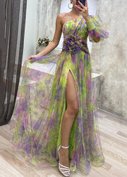 Floral Green Asymmetrical Side Open Tulle Dress Long Sleeve