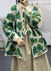 Floral Green Button Pockets Cotton Knit Coats Long Sleeve