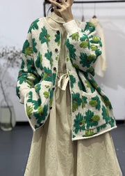 Floral Green Button Pockets Cotton Knit Coats Long Sleeve