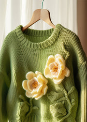 Floral Green O Neck Hollow Out Knit Sweater Fall