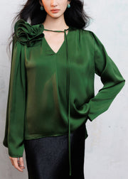 Floral Green V Neck Lace Up Silk Blouses Fall