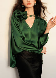 Floral Green V Neck Lace Up Silk Blouses Fall