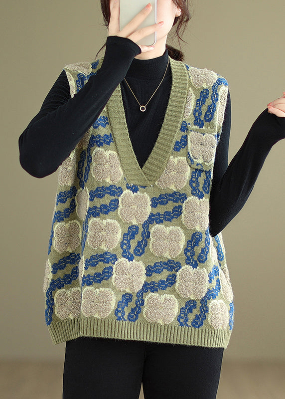 Floral Green V Neck Patchwork Cozy Knit Waistcoat Sleeveless