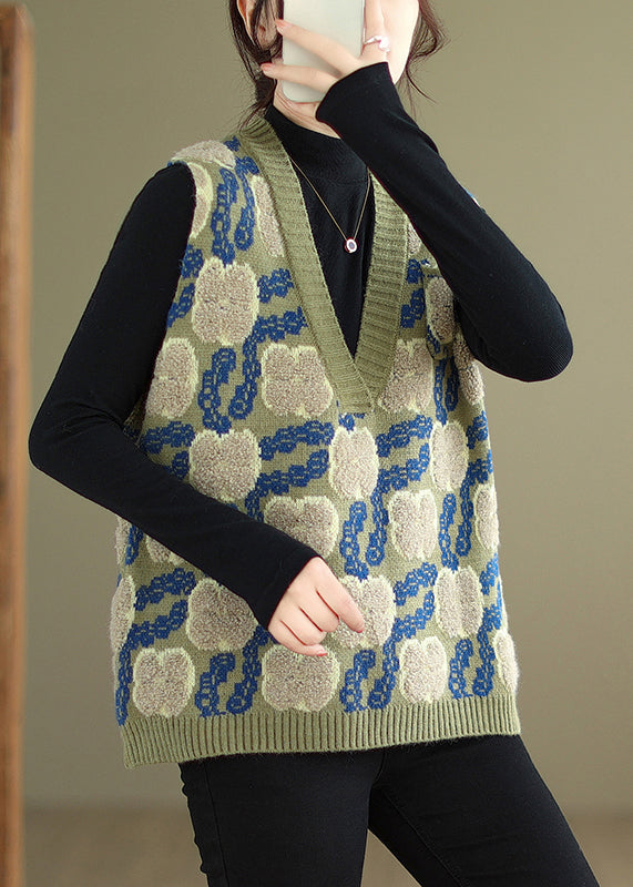 Floral Green V Neck Patchwork Cozy Knit Waistcoat Sleeveless