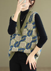 Floral Green V Neck Patchwork Cozy Knit Waistcoat Sleeveless