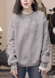 Floral Grey Nail Bead Loose Cotton Sweatshirt Fall