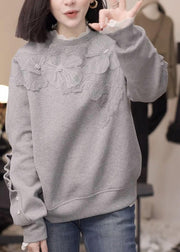 Floral Grey Nail Bead Loose Cotton Sweatshirt Fall