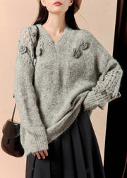 Floral Grey V Neck Hollow Out Knit Sweater Winter