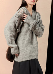 Floral Grey V Neck Hollow Out Knit Sweater Winter