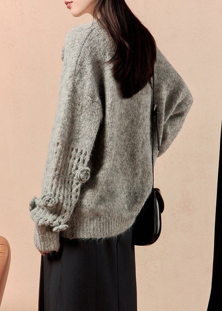 Floral Grey V Neck Hollow Out Knit Sweater Winter