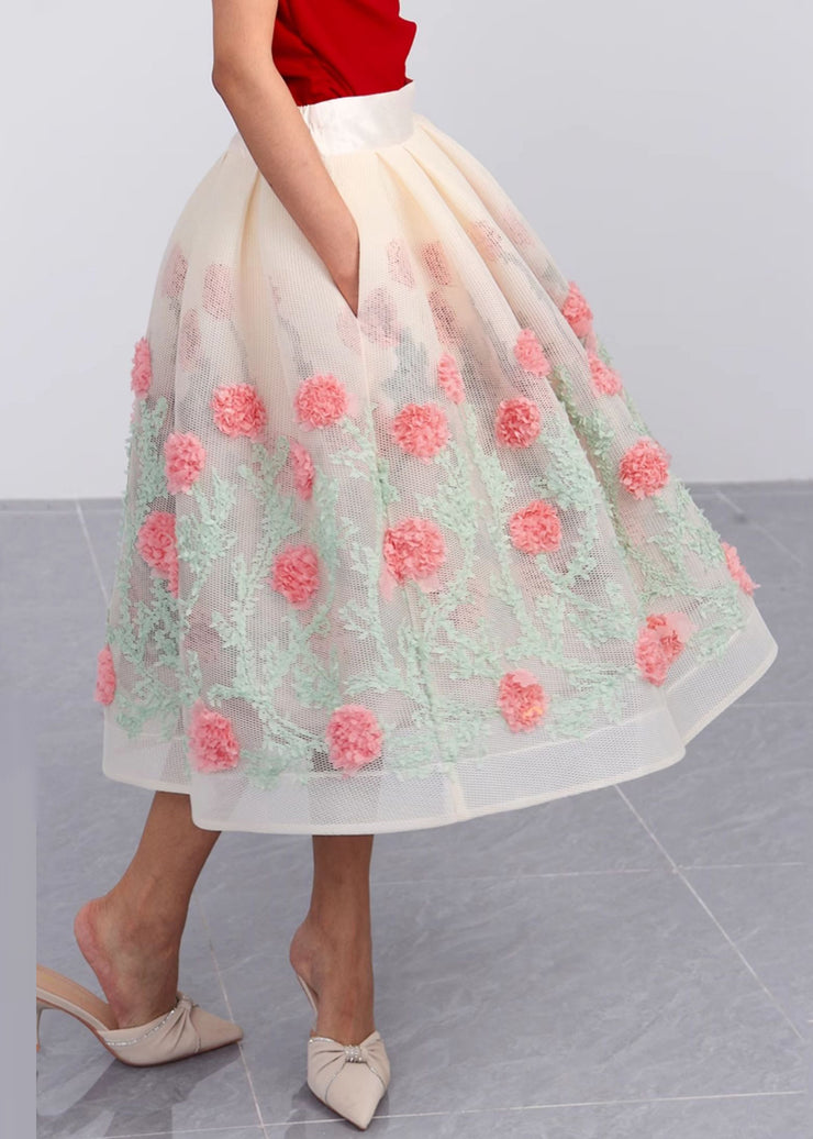 Floral Hollow Out Pockets Patchwork Tulle Skirt Summer