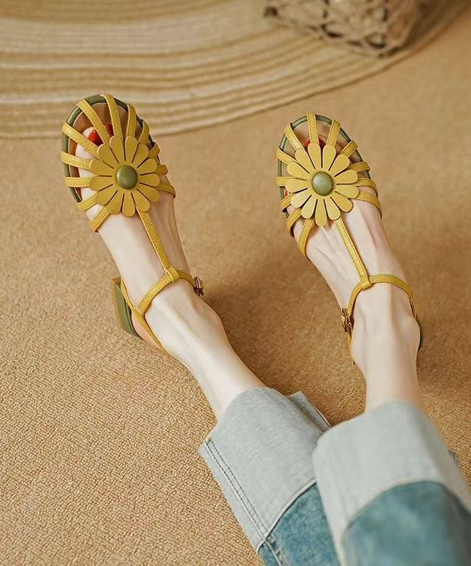 Floral Hollow Out Soft Splicing Flat Sandals Yellow Faux Leather
