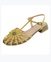 Floral Hollow Out Soft Splicing Flat Sandals Yellow Faux Leather