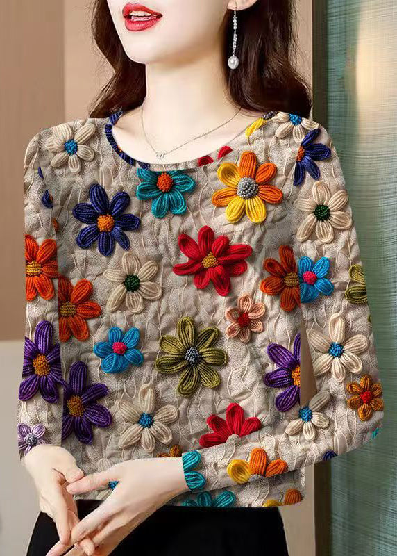 Floral Khaki O Neck Patchwork Cotton T Shirt Spring