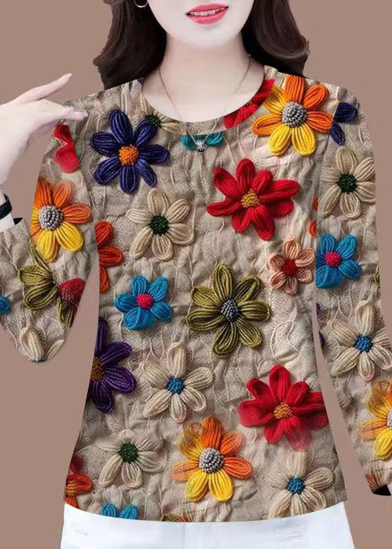 Floral Khaki O Neck Patchwork Cotton T Shirt Fall