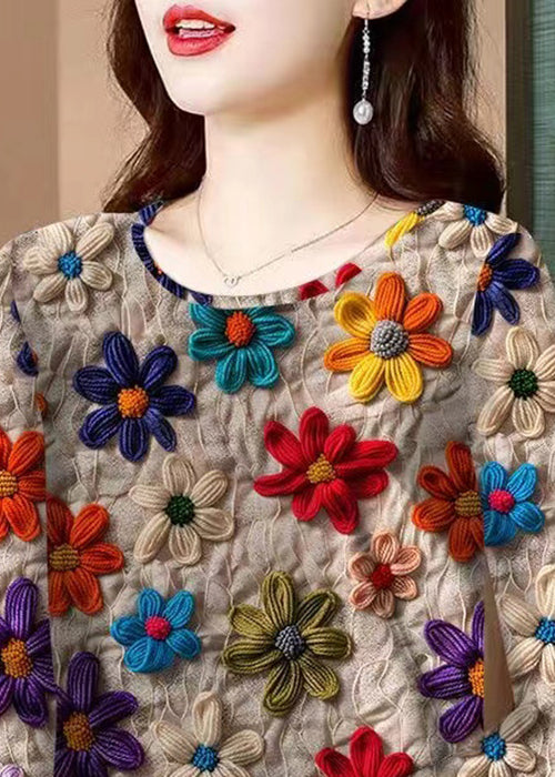 Floral Khaki O Neck Patchwork Cotton T Shirt Spring