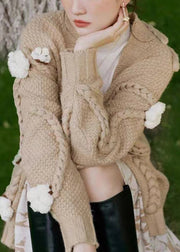 Floral Khaki V Neck  Cable Knit Cardigan Fall