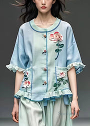 Floral Light Blue O Neck Pockets Cotton Shirt Half Sleeve