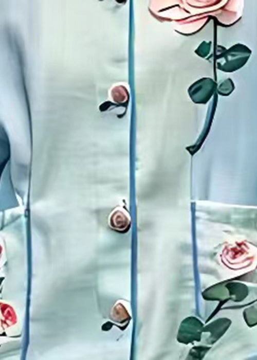 Floral Light Blue O Neck Pockets Cotton Shirt Half Sleeve