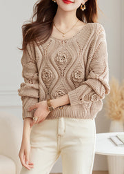 Floral Light Camel O Neck Hollow Out Knit Sweaters Fall