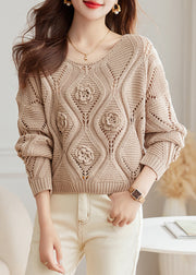 Floral Light Camel O Neck Hollow Out Knit Sweaters Fall