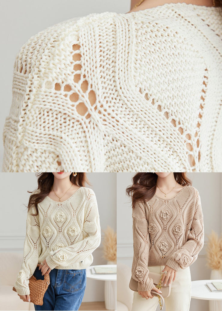 Floral Light Camel O Neck Hollow Out Knit Sweaters Fall