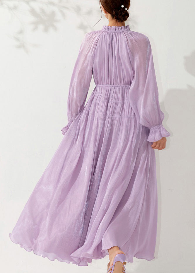 Floral Light Purple Ruffled Lace Up Silk Long Dress Fall