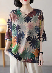 Floral O Neck Print Patchwork Cozy Cotton Knit Top Half Sleeve