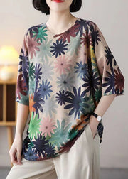 Floral O Neck Print Patchwork Cozy Cotton Knit Top Half Sleeve