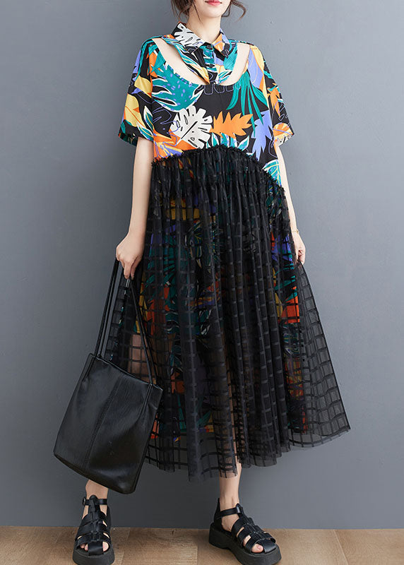 Floral Patchwork Long Tulle Shirts Dress Wrinkled Short Sleeve