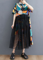 Floral Patchwork Long Tulle Shirts Dress Wrinkled Short Sleeve