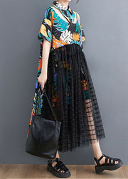 Floral Patchwork Long Tulle Shirts Dress Wrinkled Short Sleeve