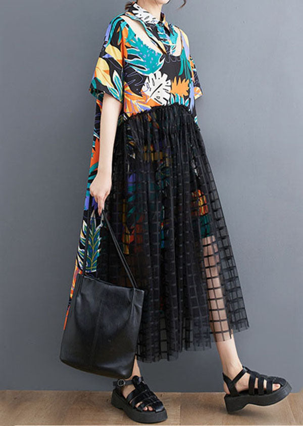 Floral Patchwork Long Tulle Shirts Dress Wrinkled Short Sleeve