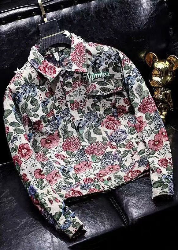 Floral Peter Pan Collar Print Button Cotton Fall Men Coat