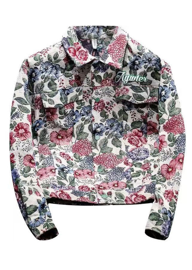 Floral Peter Pan Collar Print Button Cotton Fall Men Coat