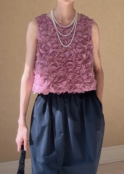 Floral Pink O-Neck Solid Tulle Tank Sleeveless