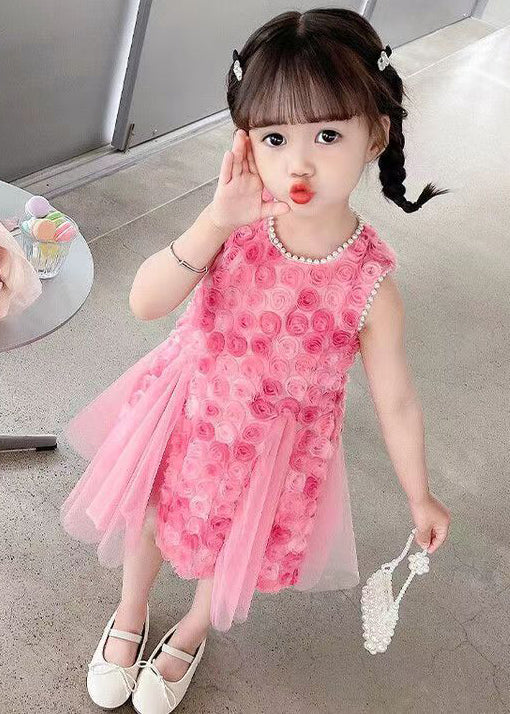 Floral Pink Pearl Hollow Out Tulle Girls Dress Sleeveless