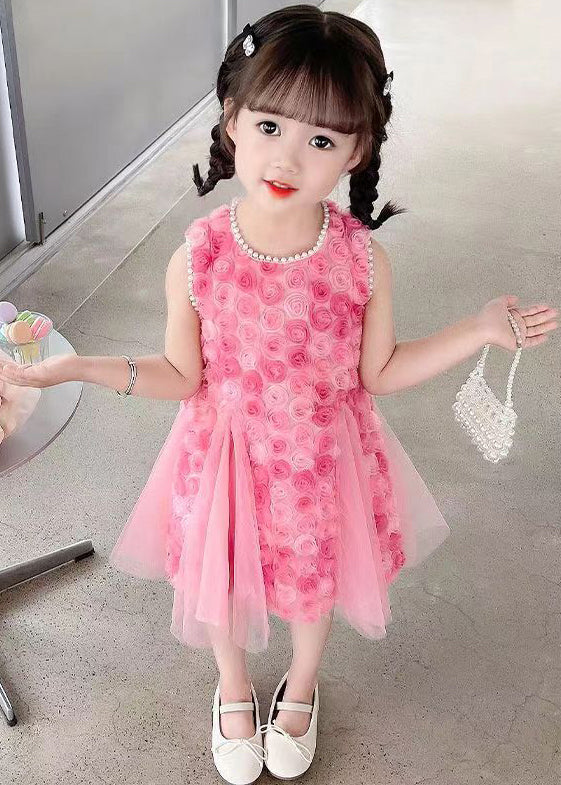 Floral Pink Pearl Hollow Out Tulle Girls Dress Sleeveless