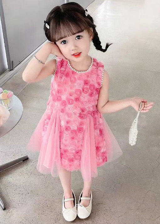 Floral Pink Pearl Hollow Out Tulle Girls Dress Sleeveless