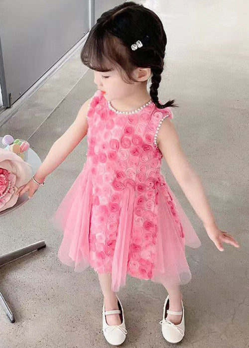 Floral Pink Pearl Hollow Out Tulle Girls Dress Sleeveless